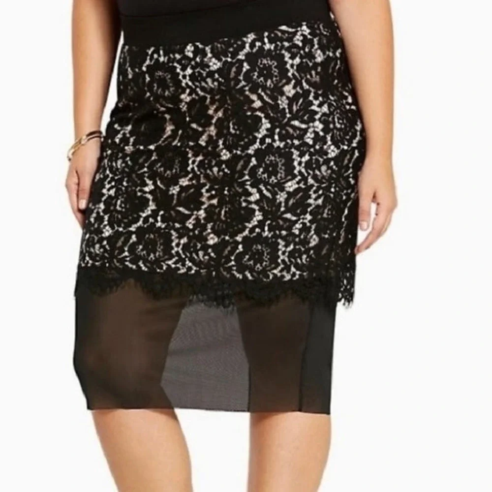 Torrid Black & Nude Lined Floral Lace w/ Chiffon Hem Skirt Size Large or 0X - Picture 2 of 10
